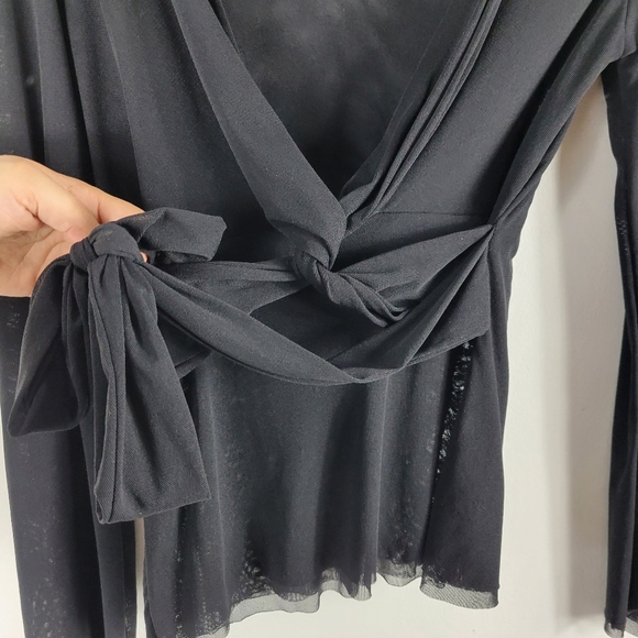 Maeve Y2K Sheer Nylon Mesh Belted Knot Front Long Sleeve Deep V Neck Blouse - Picture 3 of 8